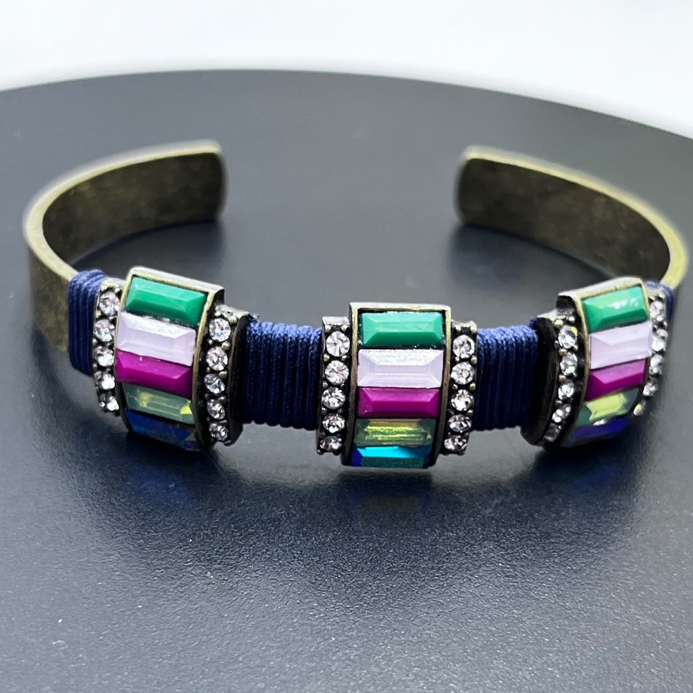 Stella & Dot Moxie Baguette Crystal Gem Blue Wrapped Antique Brass Cuff Bracelet